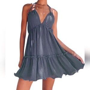 Lulus Tiered Halter Babydoll Mini Dress Blue Gray Crinkle Chiffon Flowy Babydoll